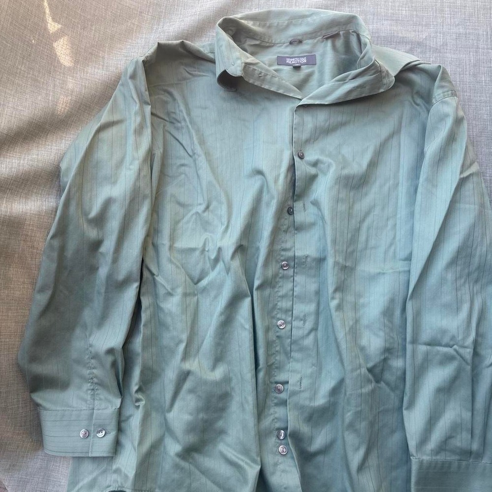 Kenneth Cole Reaction Mens XXL 18 34-35 Sage Green Striped Button Up Dress Shirt